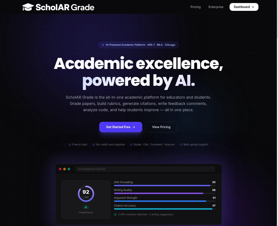 ScholAR Grade homepage with Get Started Free button