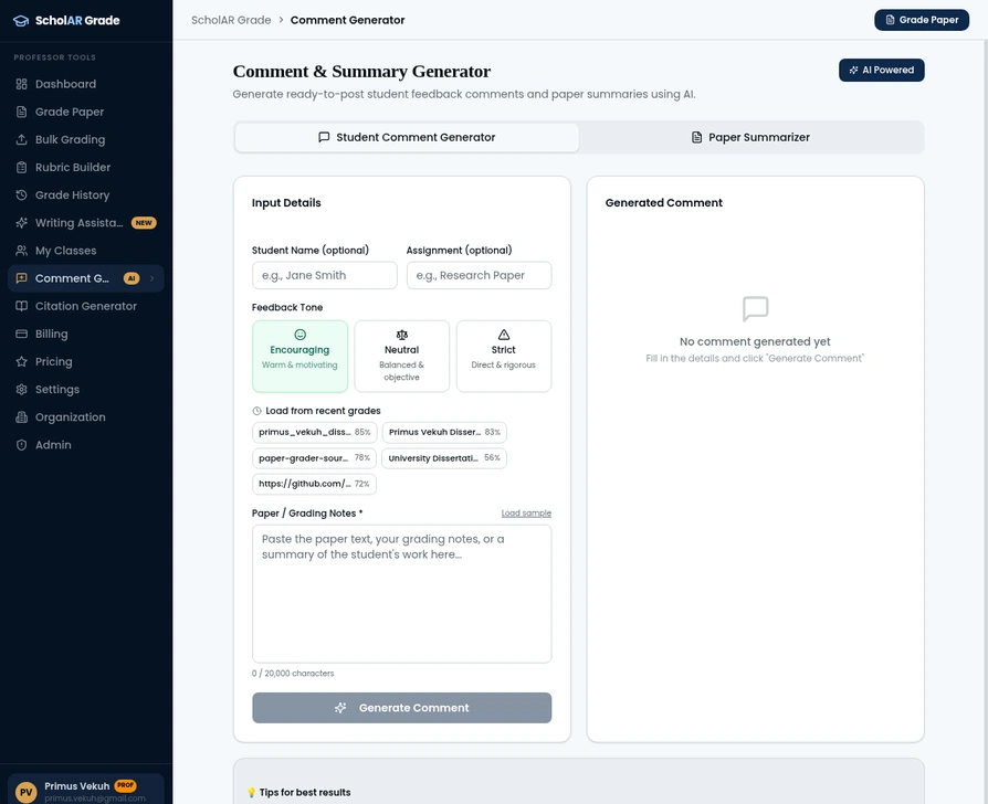 Comment Generator page with tone selector and paper text input