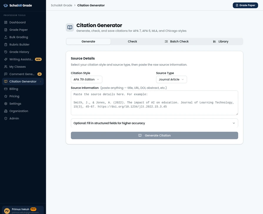 Citation Generator page with style selector and source input