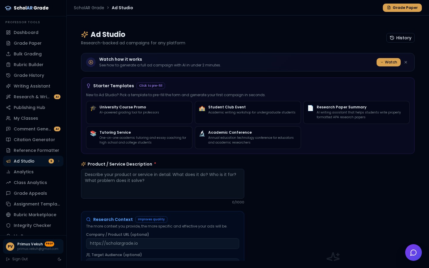 Ad Studio page with product description and platform selection