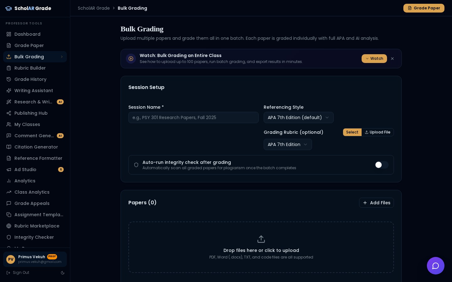 Bulk Grading page with session setup, citation style selector, and file drop zone