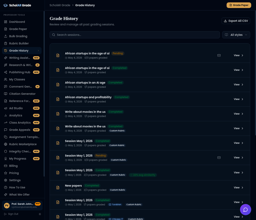 Grade History page showing completed and pending sessions