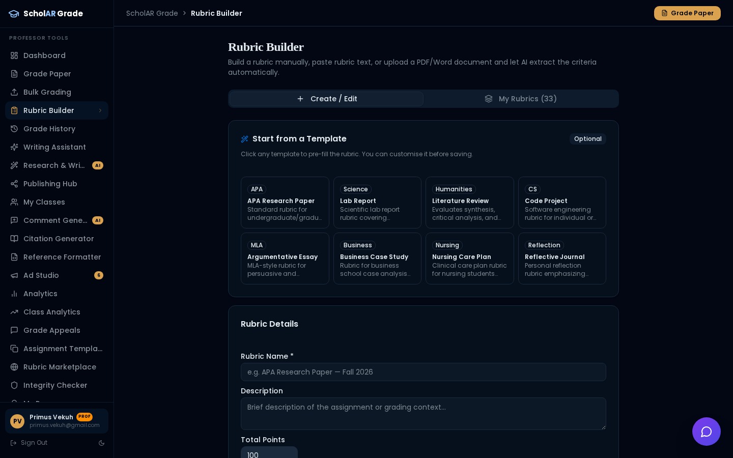 Rubric Builder page with criteria sliders and weight totals